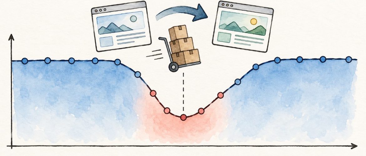 Graf poklesu a návratu návštěvnosti webu po migraci s ilustrací přesunu stránky