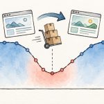 Graf poklesu a návratu návštěvnosti webu po migraci s ilustrací přesunu stránky